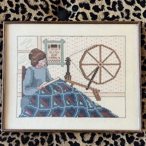 Vintage Handmade Framed Cross Stitch Needlepoint Cottage Bless Our Family 8x10”
